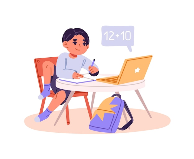 Vector student watches video lessons on computer kid sits at desk studies online learning maths with laptop little boy is on distance education flat isolated vector illustration on white background