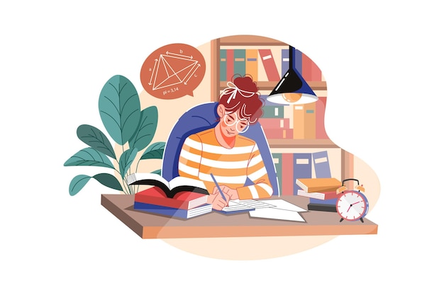 Vector student writes homework at the desk