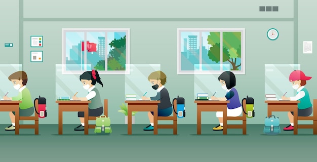 Vector students are studying in the classroom to prevent germs.