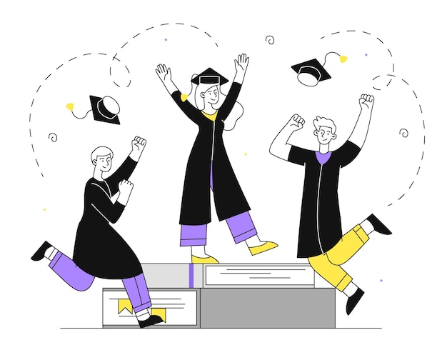 Vector students graduates linear concept men and woman with graduation students finish education and