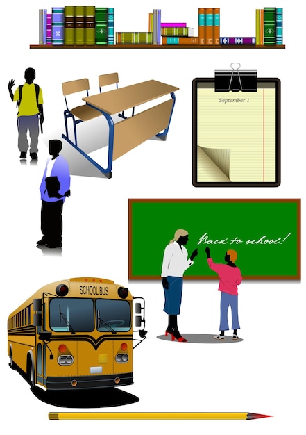 Vector students and teacher returning to school for education