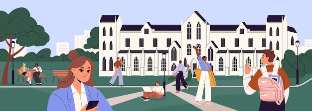 Vector students walk study on lawn meeting with friends in university park college or high school building with grass yard people communicate rest outdoor in academic garden flat vector illustration