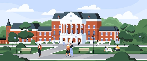 Vector students walking and sitting on grass at university campus. exterior of college building among trees. schoolhouse with columns. colored flat vector illustration of education institution.
