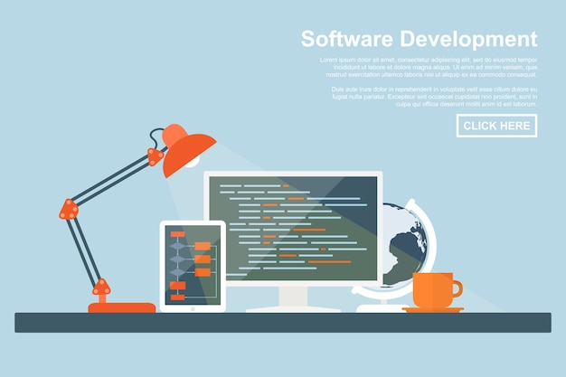 Vector  style concept for software development, programming and coding, search engine optimization, web development concepts