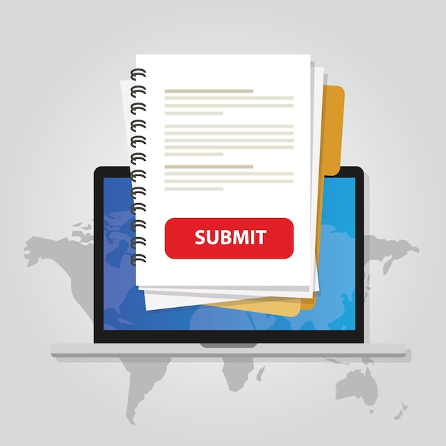 Vector submit document online via laptop with red button via internet upload application form resume