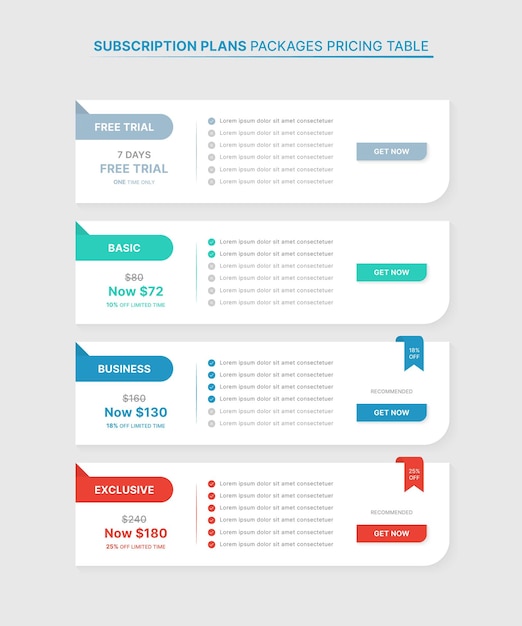 Vector subscription plans pricing comparison table infographic template with 4 packages