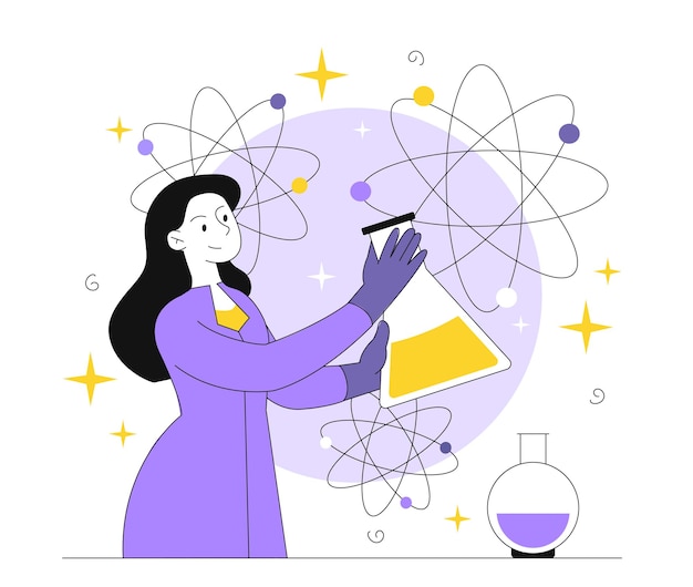 Vector successful scientist with flask line chemist with colorful liquid in glass researcher conduct