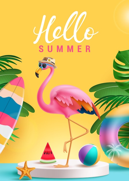 Vector summer hello greeting text vector poster hello summer text with cute pink flamingo in podium stage