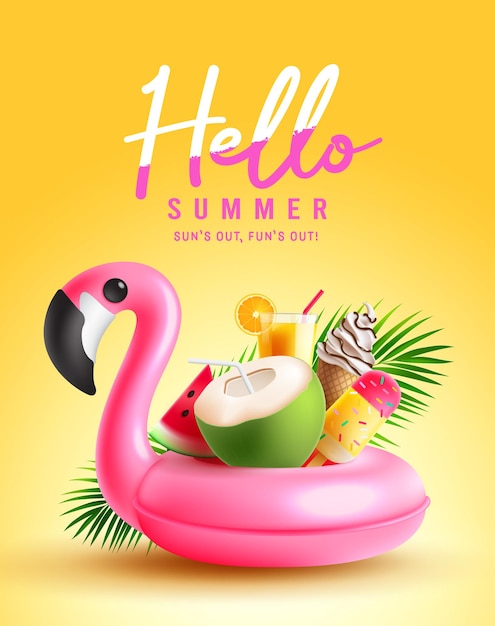 Vector summer hello vector poster design. hello summer text with flamingo floater and colorful beach
