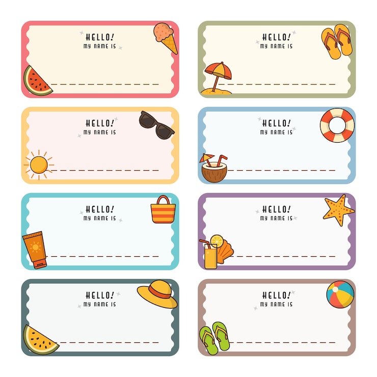 Vector summer themed name tag collection notebook labels