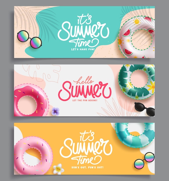 Vector summer time greeting clipart banner summer greeting card clip art with floaters and sunglasses