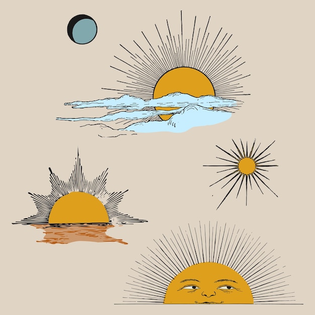 Vector sun sunrise sunshine logo icons old retro vintage illustration poster template design vector moon