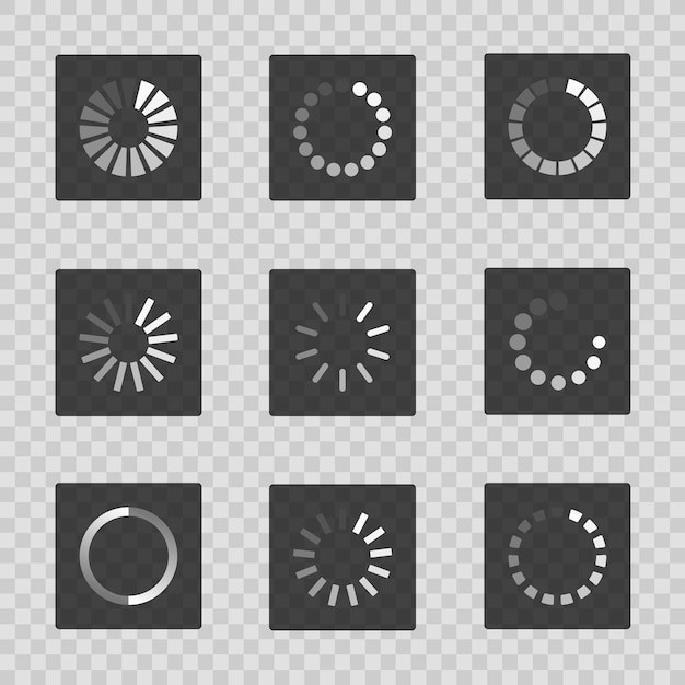 Vector super set different load icon isolated on transparent background. circle website buffer loader or preloader. download or upload status icon.