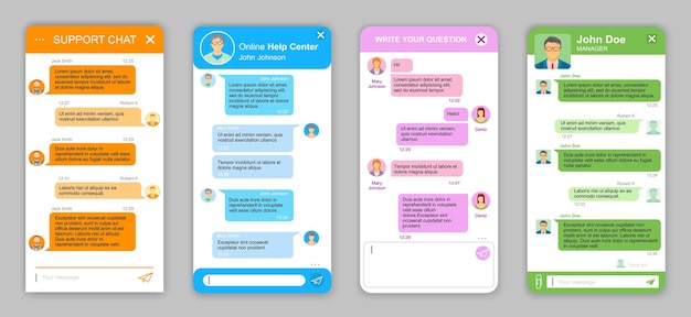 Vector support chat bot window, chatbot messenger app interface, vector templates. online customer support and web help desk dialog, website live consultant message box or chatbot dialogue and message box