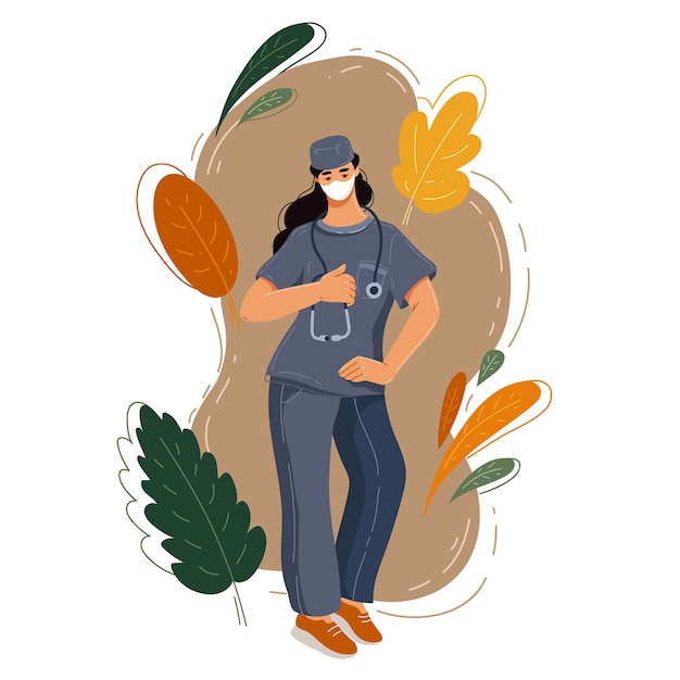 Vector surgeon doctor in uniform holds stethoscope. doctor woman. medic in hat and mask. medicine and health care. medical people. hospital staff. flat style illustration