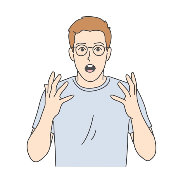 Vector surprised man with glasses and open mouth gesturing with hands