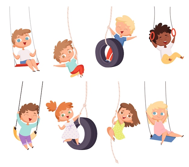 Vector swing rides. gymnastic exercise of childrens on rope amusement attraction happy kids set.