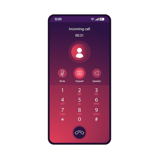 Vector switched keypad smartphone interface vector template mobile app page purple gradient design layout incoming call audio record screen flat ui for application mute speaker buttons phone display