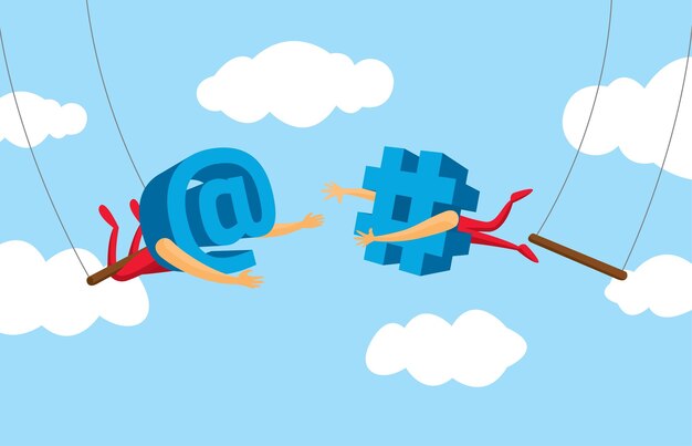 Vector at symbol and hashtag or numeral on flying trapeze