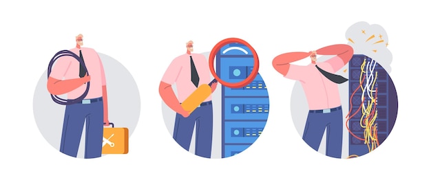 Vector system administrator isolated round icons or avatars sysadmin character working routine technical work with server