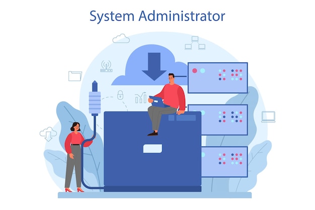 Vector system administrator. people working on computer and doing technical work with server. configuration of computer systems and networks.