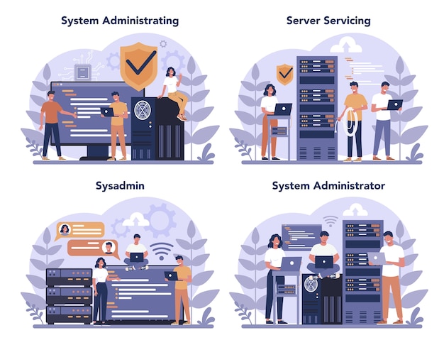 Vector system administrator set. people working on computer and doing technical work with server. configuration of computer systems and networks. isolated flat vector illustration