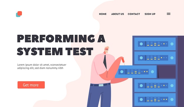 Vector system administrator testing equipment landing page template sysadmin servicing server racks or repair appliance