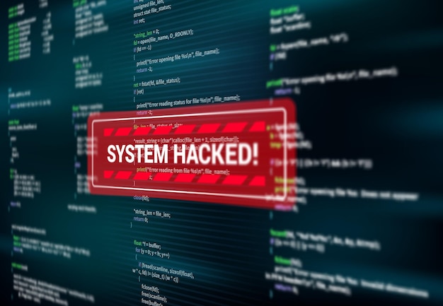 Vector system hacked, warning alert message on screen of hacking attack, vector. spyware or malware virus detected warning red message window on computer display, internet cyber security and data fraud