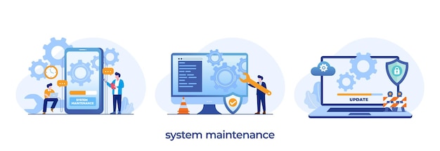 Vector system maintenance update program and application technology engineer error fixing a trouble device updating flat illustration vector