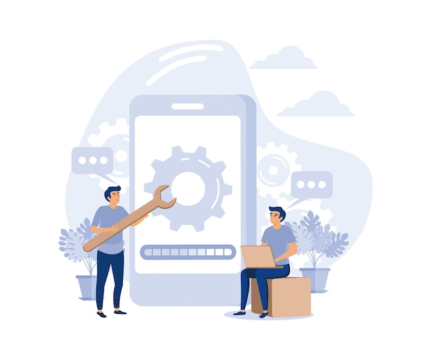 Vector system maintenance update program and application technology engineer error fixing a trouble device updating flat vector modern illustration