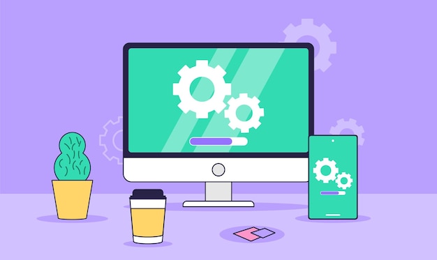 Vector system update the concept of updating the system software the download process on the smartphone screen improvement version software installing process for landing page ui app banner template