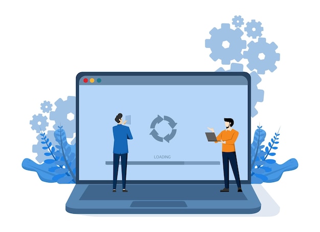 Vector system update concept vector illustration with characters updating software operating system