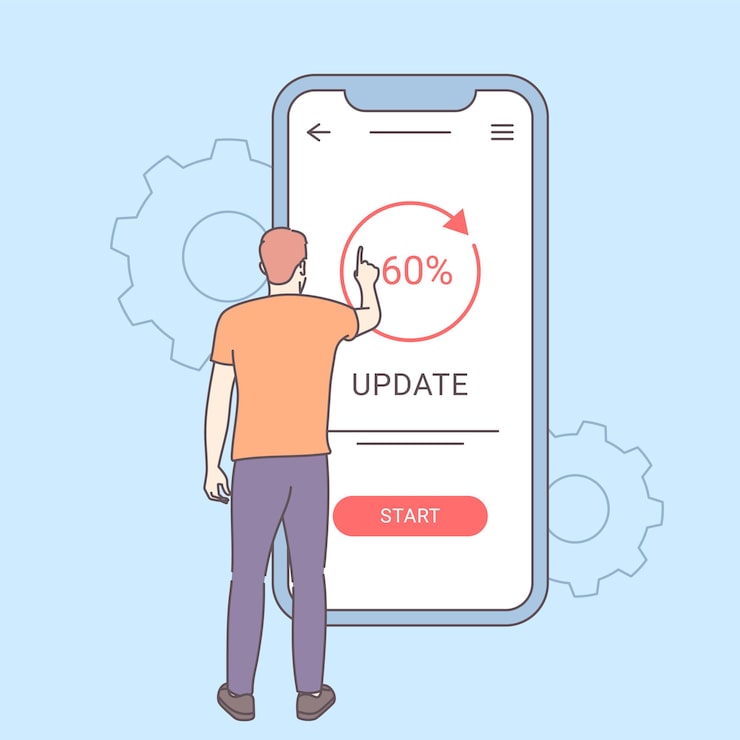 System update, integration, software installation. Young man updating operation system with progress bar. Software upgrade and installation program