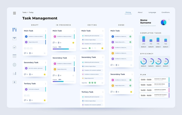 Vector task manager planner and organizer application dashboard ui with task performance process time management web app vector template