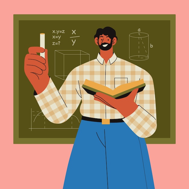 Vector teacher explaining math concepts on chalkboard