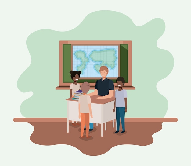 Vector teacher in the geography class with students