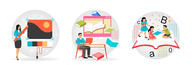 Vector teacher giving lesson man using computer for elearning children learning how to read