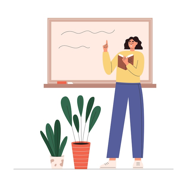 Vector teacher stands with raised index finger up in classroom near chalkboard