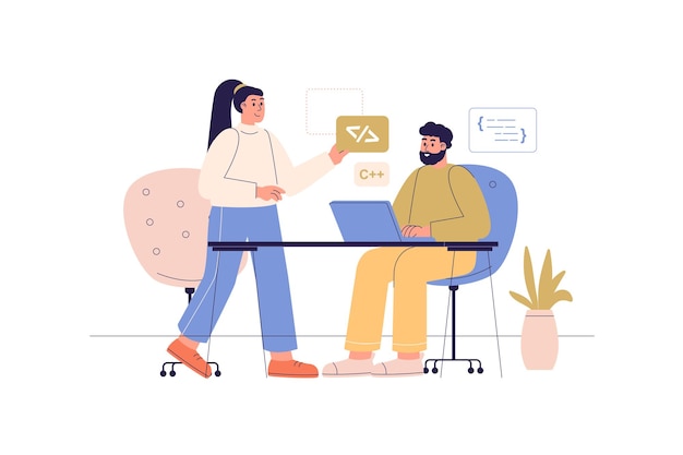 Vector team developers web concept with people scene man and woman creating software discussing task and brainstorming programming and coding character situation in flat design vector illustration