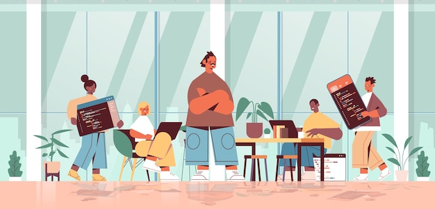 Vector team lead engineer with mix race web developers coding together creating program code development of software and programming concept  