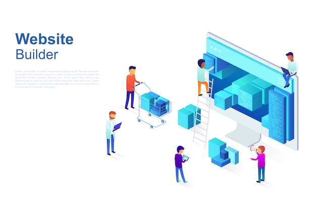 Vector team of programmers makes web page design, site structure. business concept of developing ui/ux design, seo optimization.