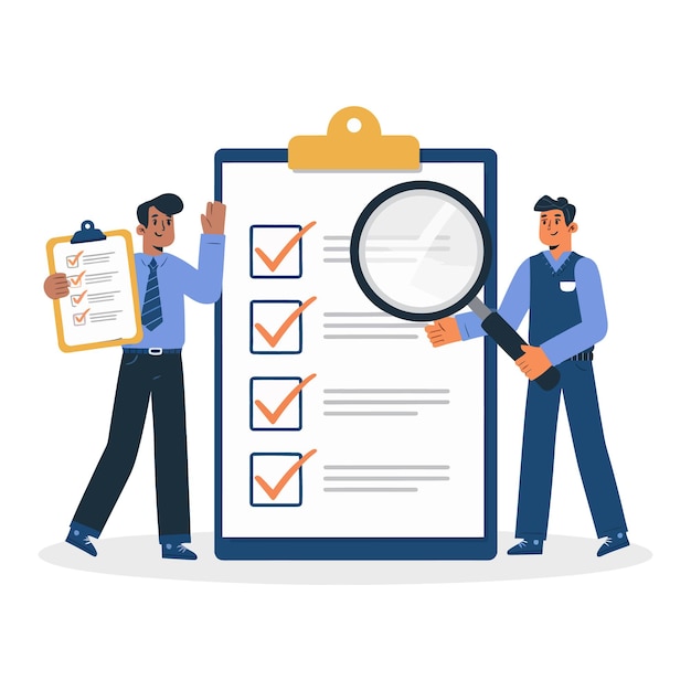 Vector team reviewing a checklist with magnifying glass