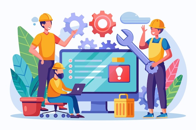 Vector teams of workers are addressing computer issues together in a collaborative workspace with tools and technology workers are fixing computer errors