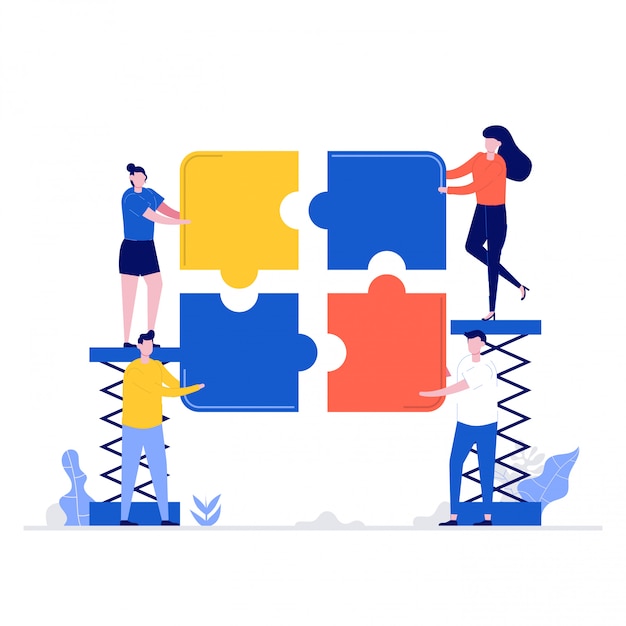 Vector teamwork  illustration concept with characters and puzzle.