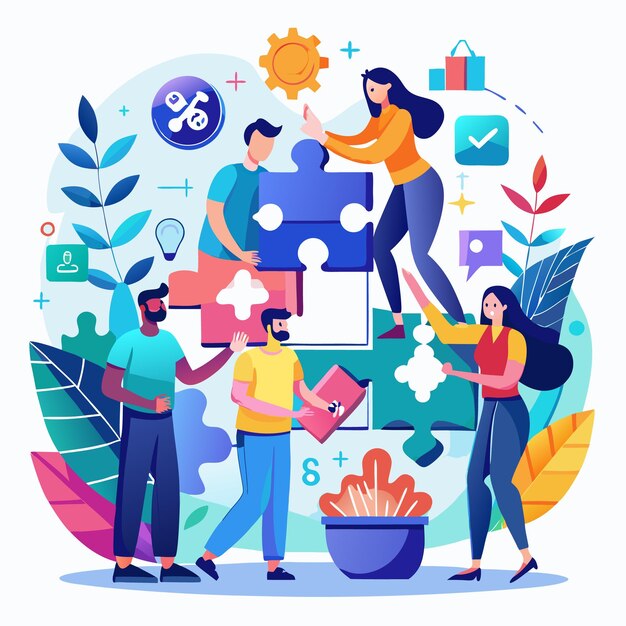 Vector teamwork puzzle pieces collaborating for success