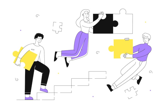 Vector teamwork with puzzles line concept partners and colleagues collaboration and cooperation