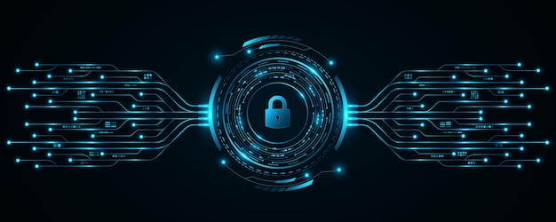 Vector tech background for unlocking ui system lock scan with digital hud circle and ai circuit board touch screen button for user interface vector illustration