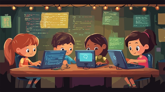 Vector tech camp children engaging in coding activities in vector illustration
