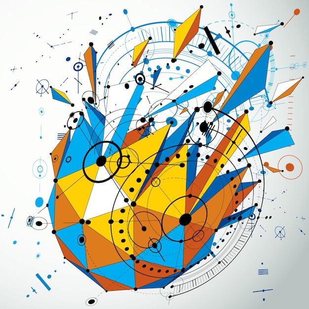 Vector technical blueprint abstraction. perspective technological backdrop created with wireframe object. colorful vector digital background made with geometric low poly design elements and circles.