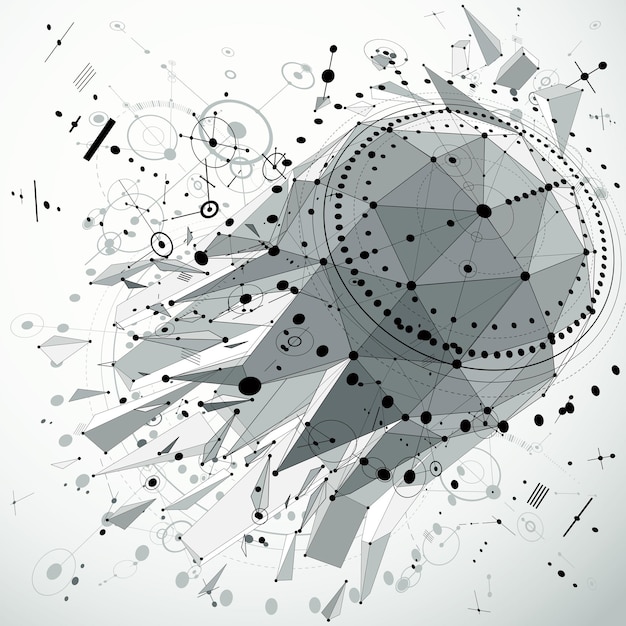 Vector technical blueprint abstraction. perspective technological backdrop created with wireframe object. grayscale vector digital background made with geometric low poly design elements and circles.